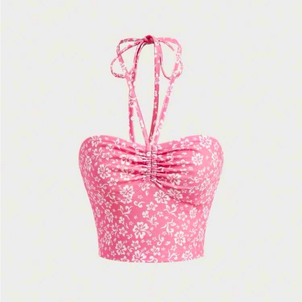 SHEIN NTW PINK HIBISCUS FLOWER HALTER RUCHED CROP TOP
